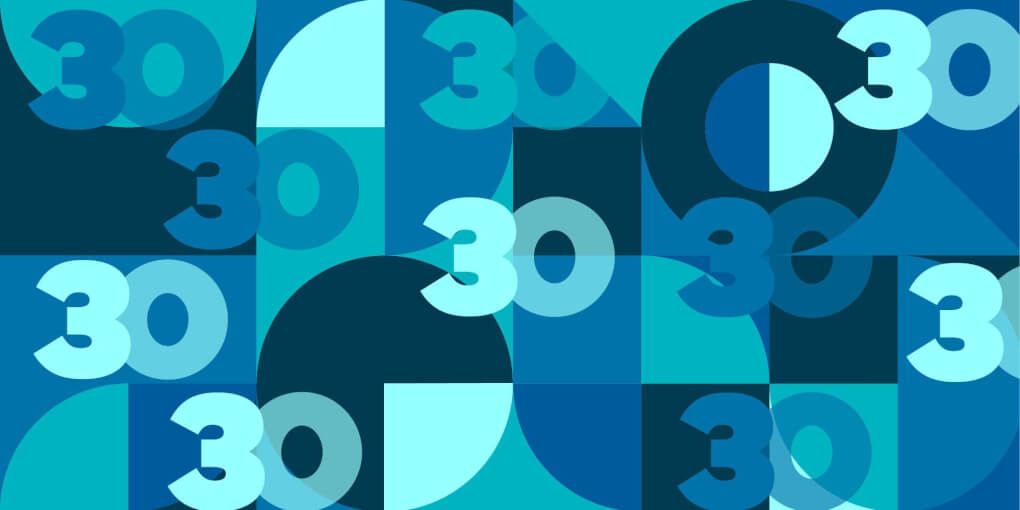 30. Behind text is a pattern with overlapping circles, squares and triangles in blue, teal and cyan.